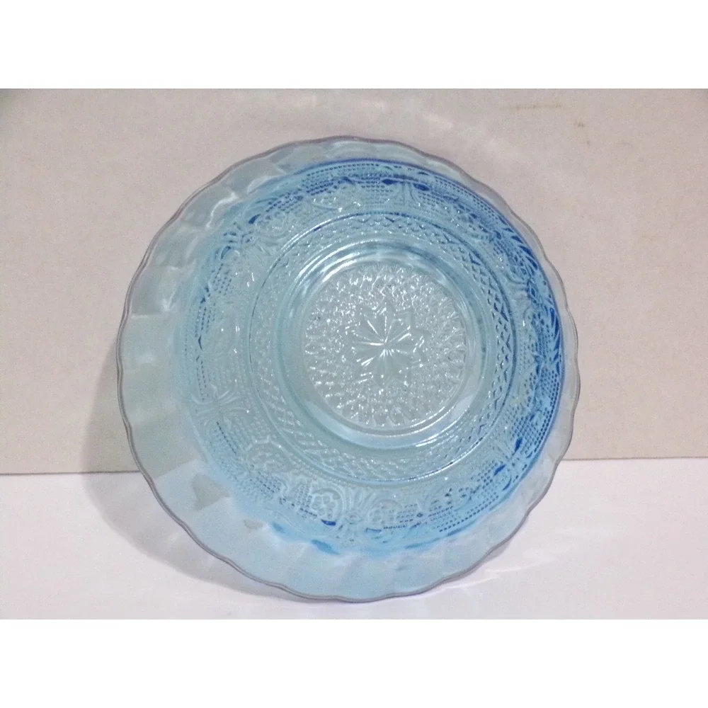 Vintage Blue Pressed Glass Bowl Ribbed Fluted Edges Embossed Star 6 3/4